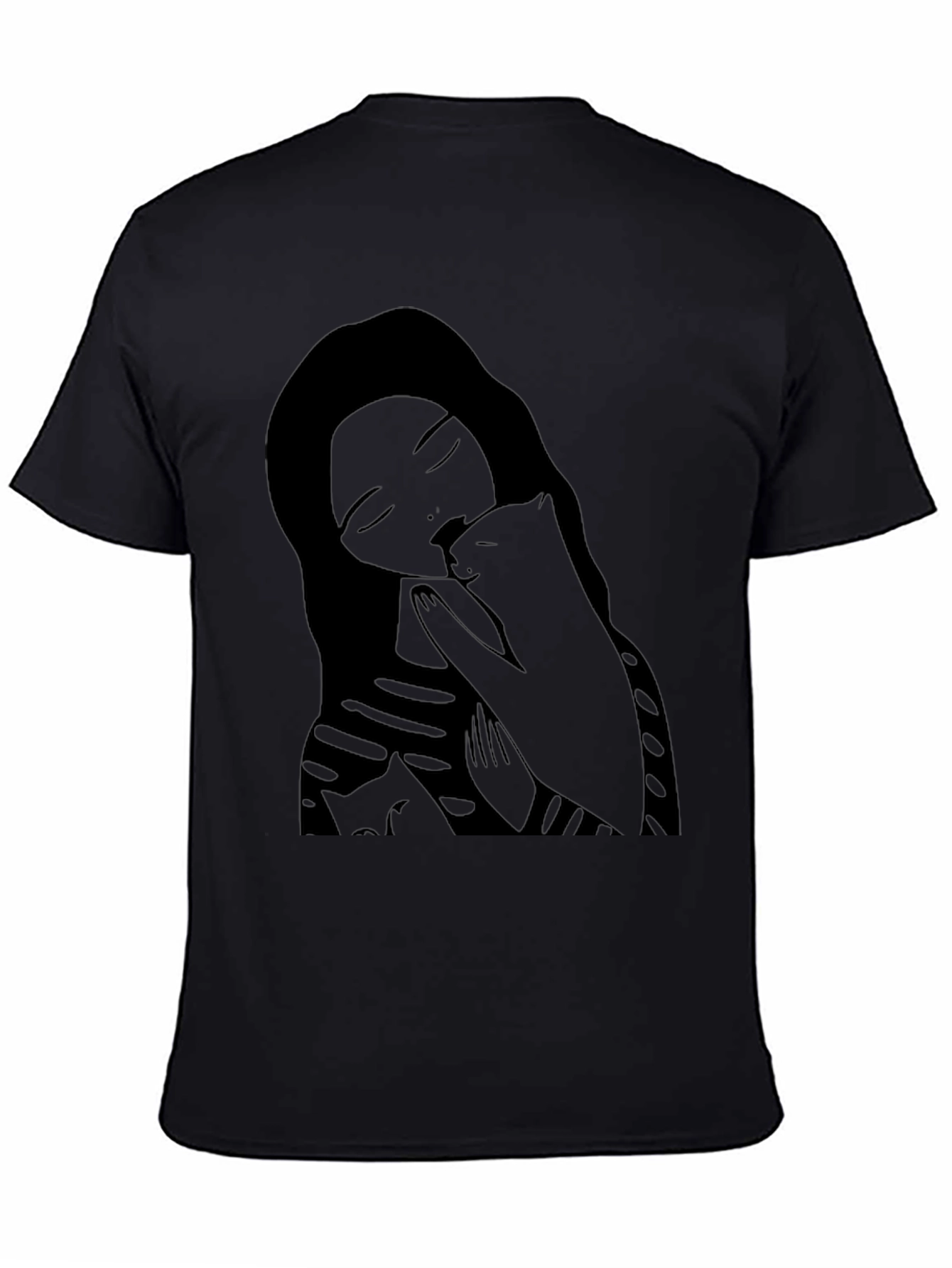Woman and Cat Graphic Black Tee Shirt