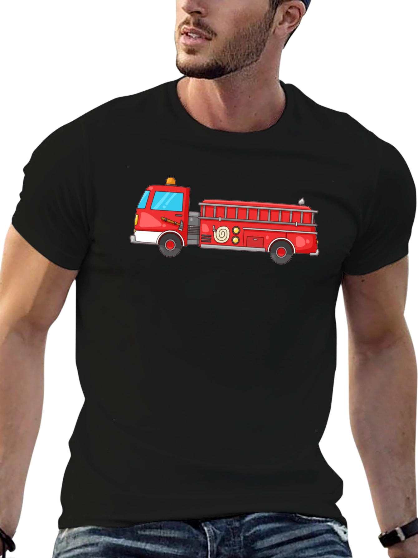 Fire Truck Graphic Tee - Black Cotton T-Shirt