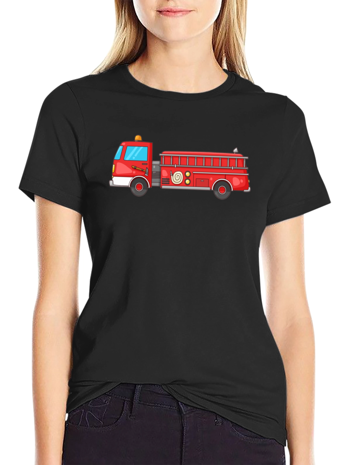 Fire Truck Graphic Tee - Black Cotton T-Shirt