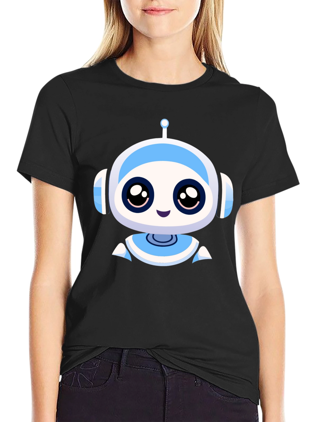 Cute Robot Graphic Black T-Shirt