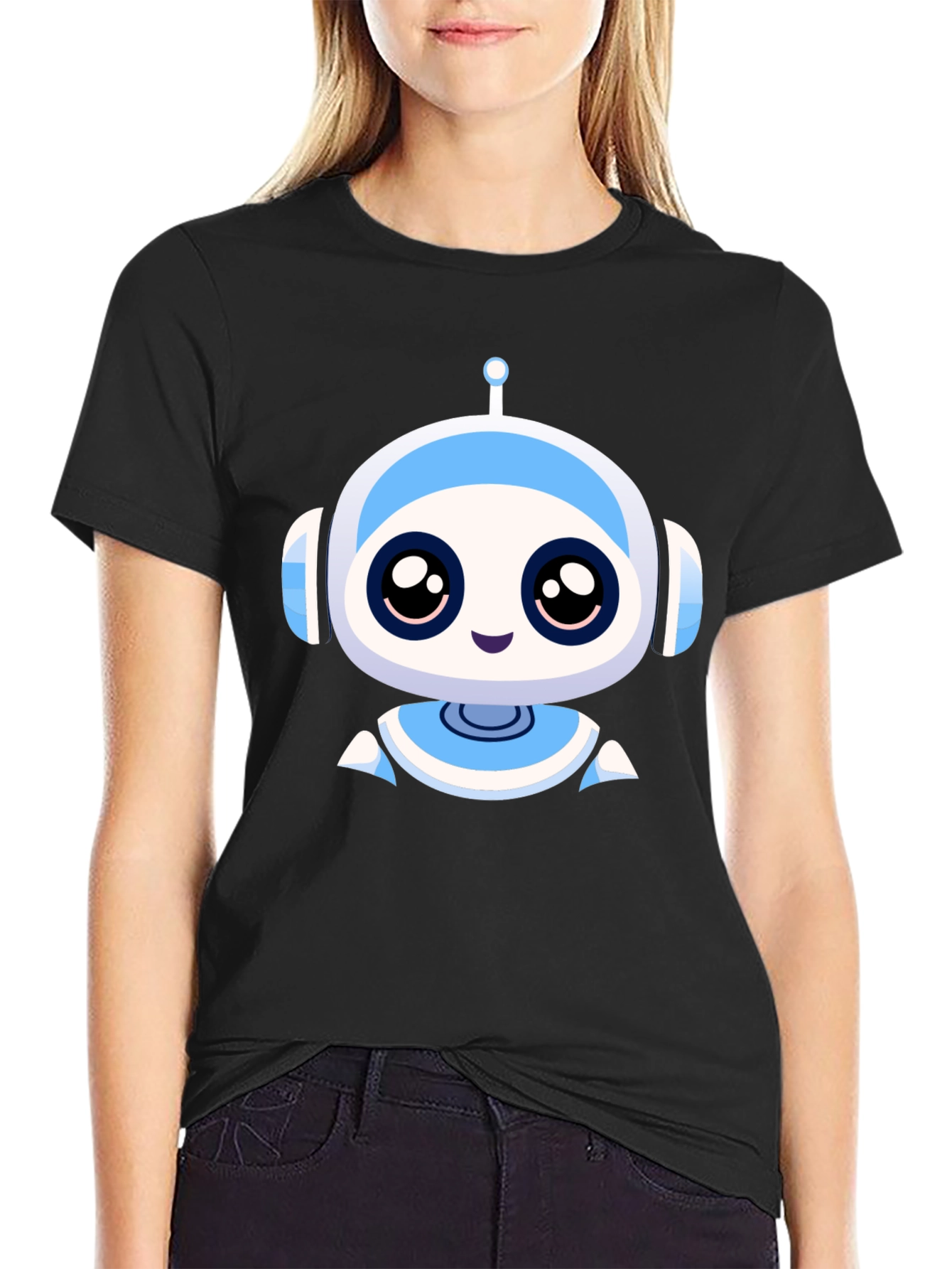 Cute Robot Graphic Black T-Shirt