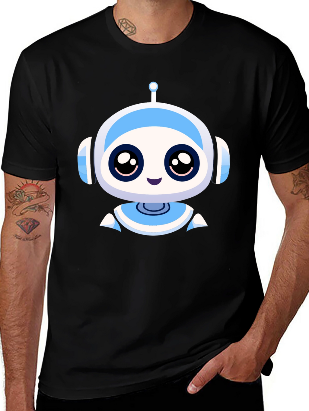 Cute Robot Graphic Black T-Shirt