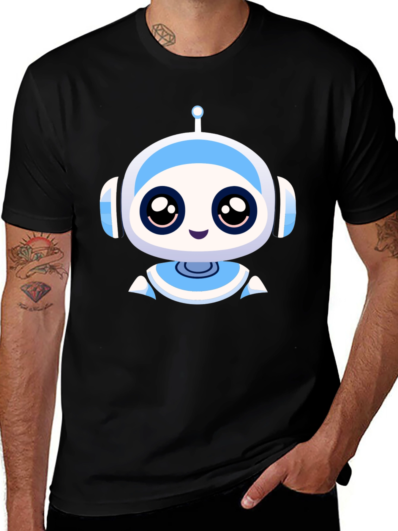 Cute Robot Graphic Black T-Shirt