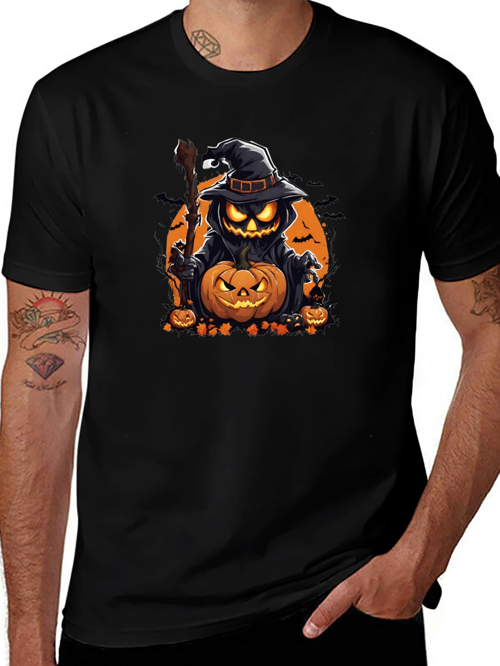 Halloween Pumpkin Wizard Black T-Shirt