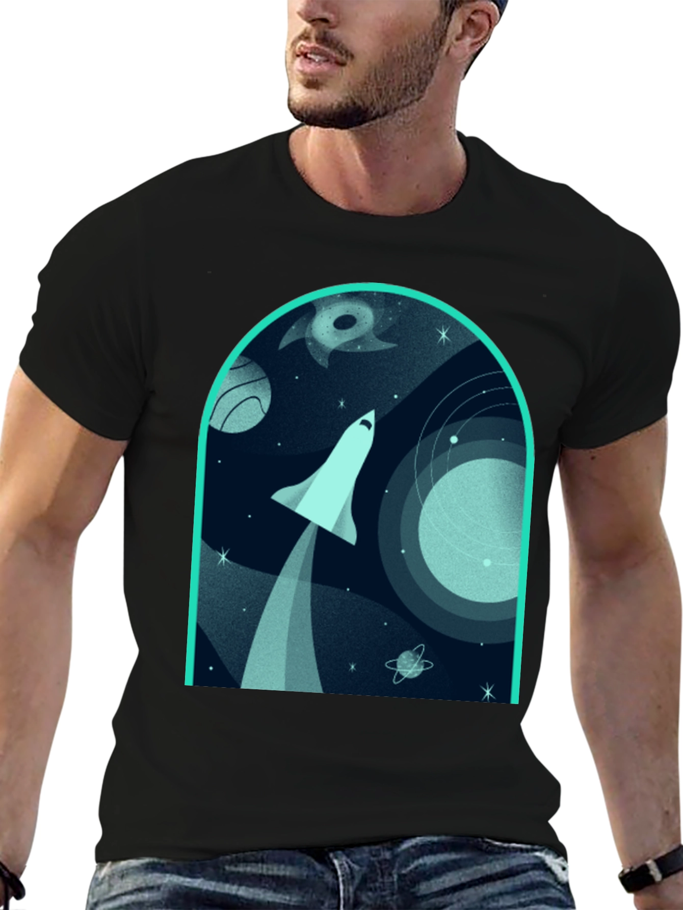 Space Shuttle Graphic Print Black T-Shirt