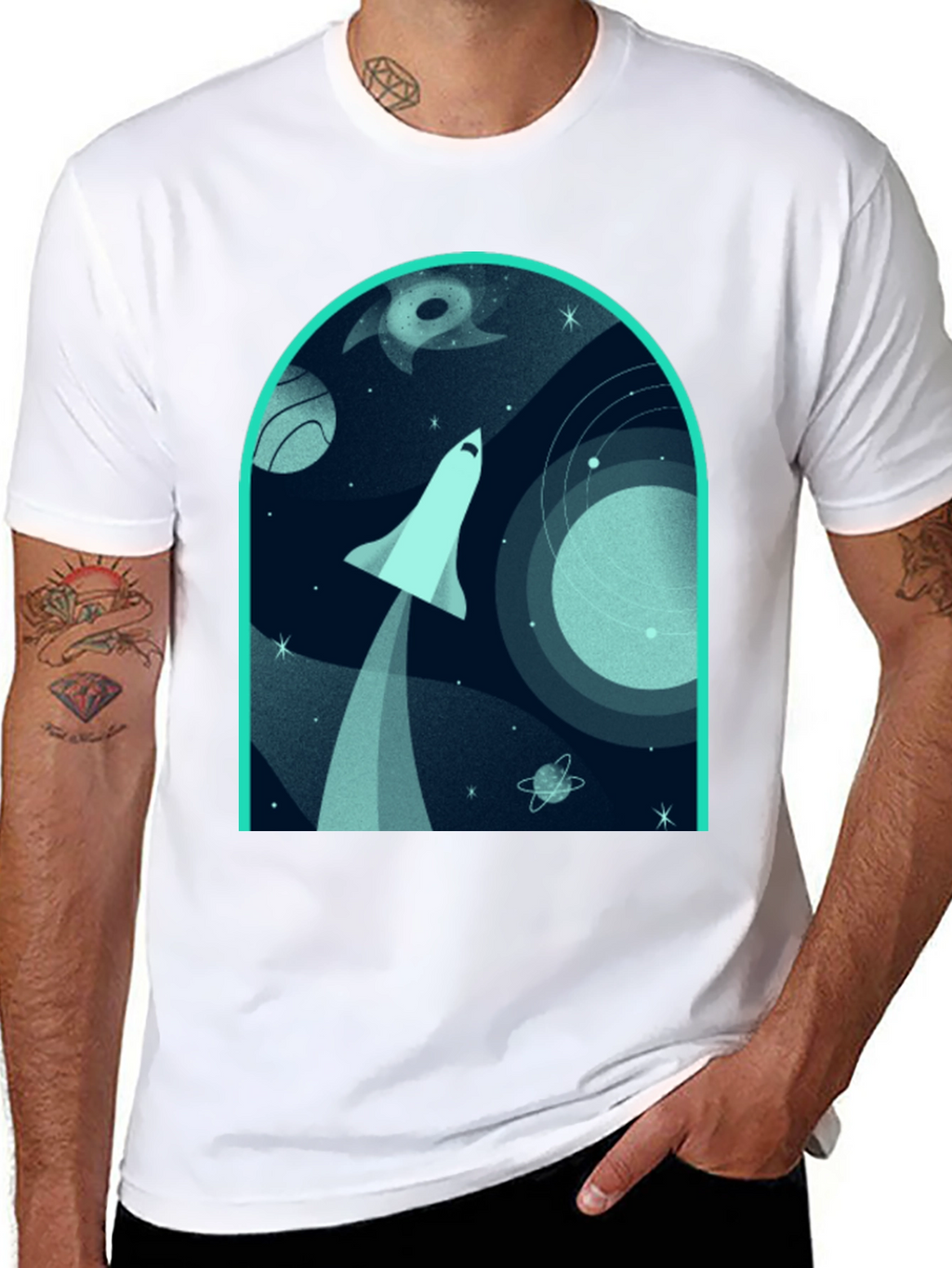 Space Shuttle Graphic Print Black T-Shirt