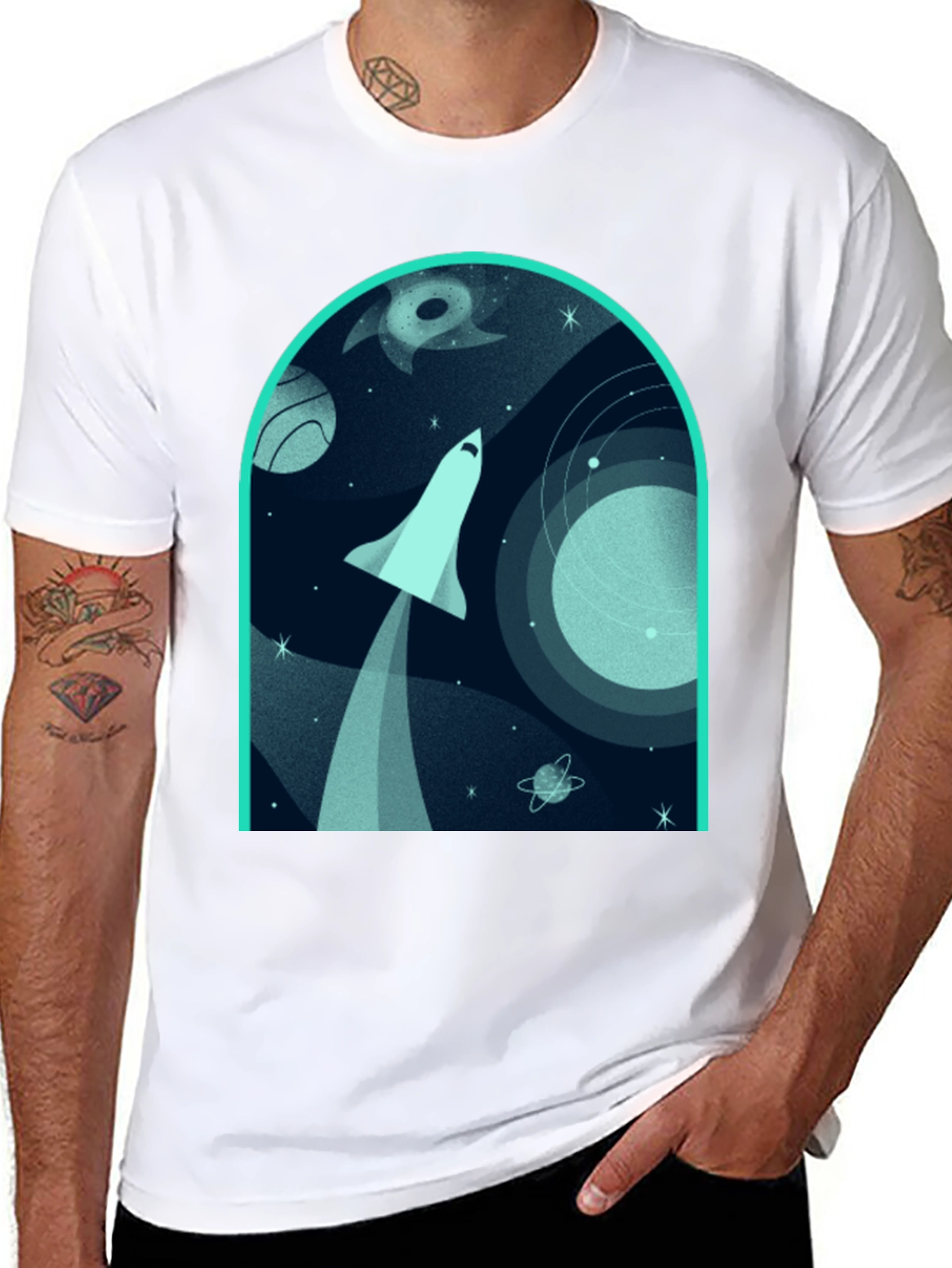 Space Shuttle Graphic Print Black T-Shirt