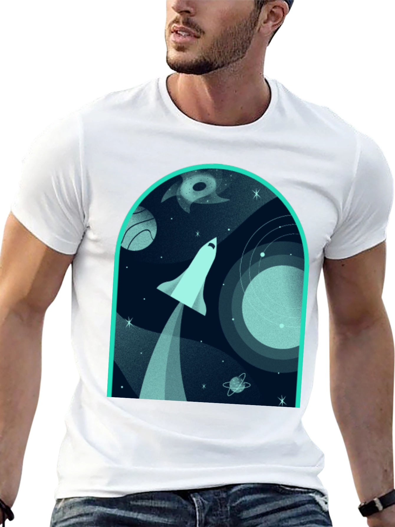 Space Shuttle Graphic Print Black T-Shirt