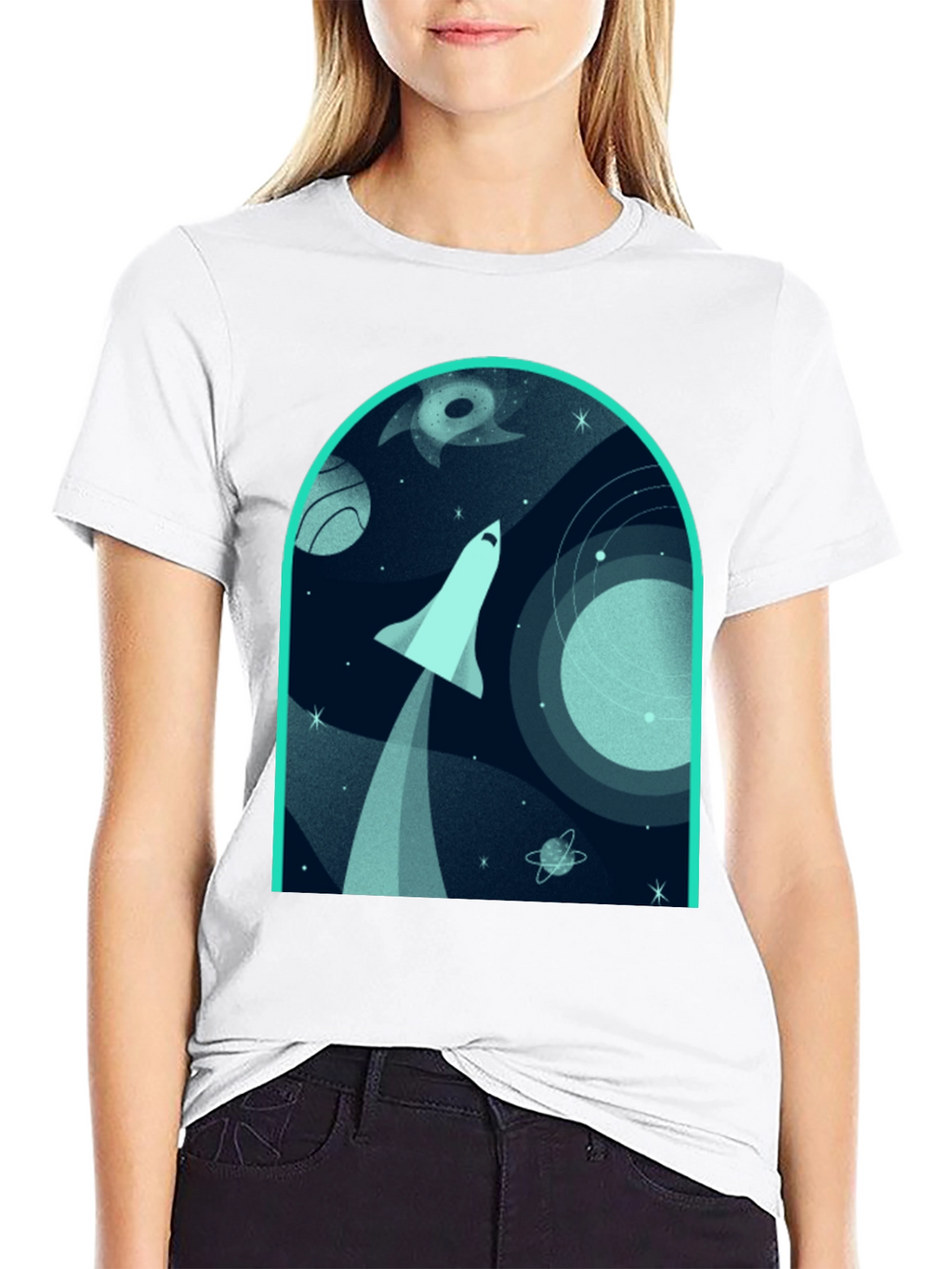Space Shuttle Graphic Print Black T-Shirt