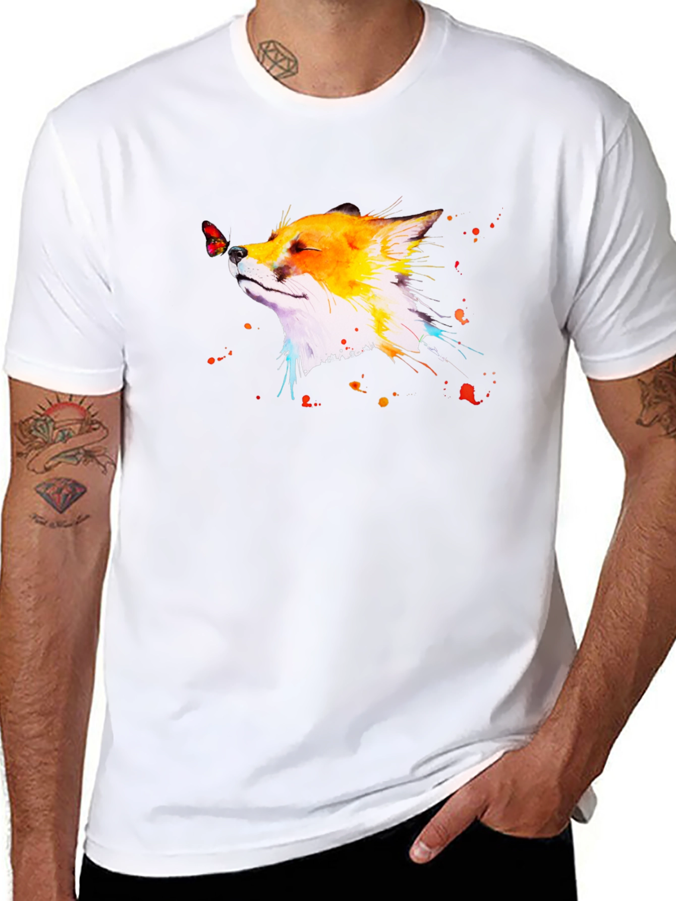 Fox & Butterfly Graphic Black T-Shirt