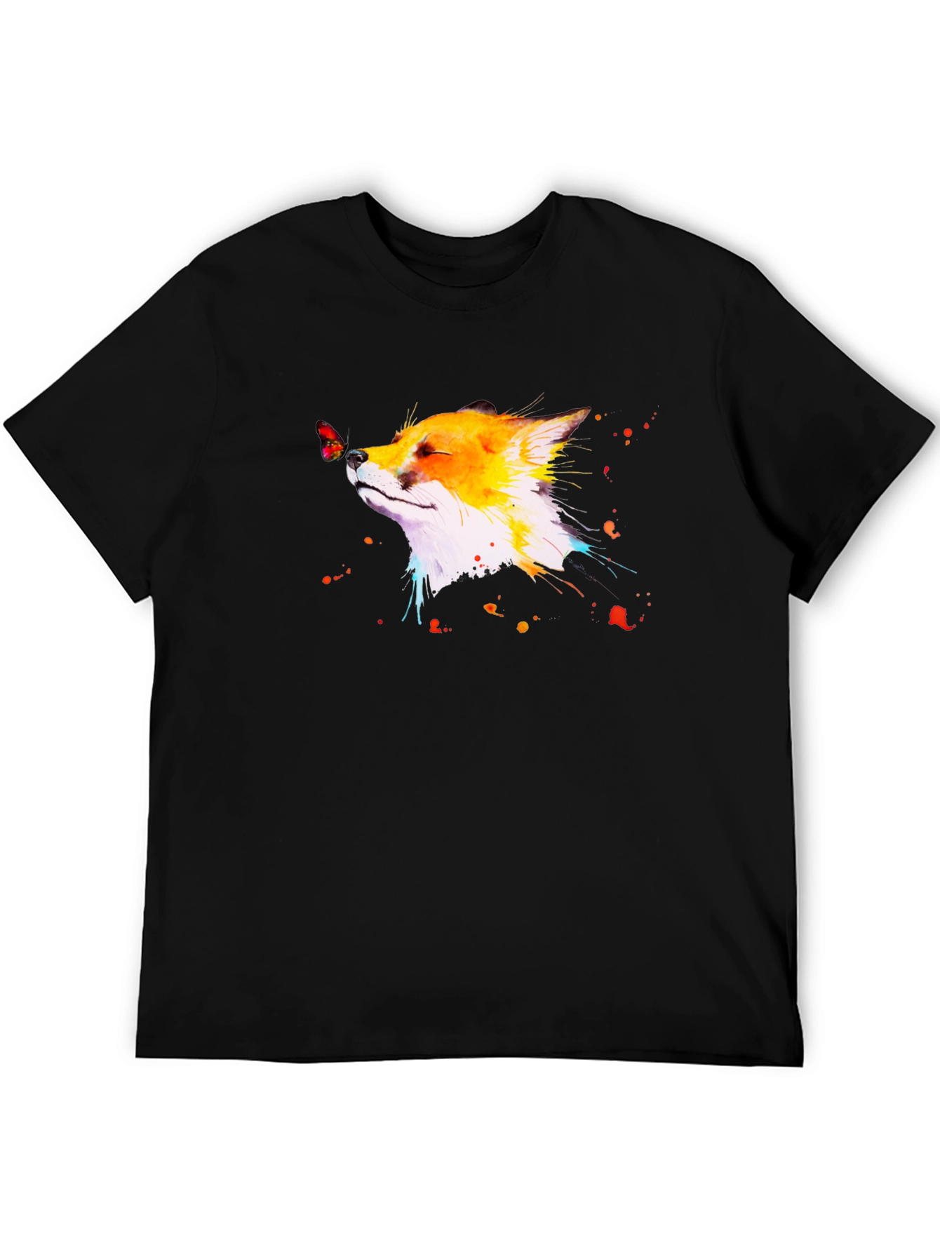 Fox & Butterfly Graphic Black T-Shirt
