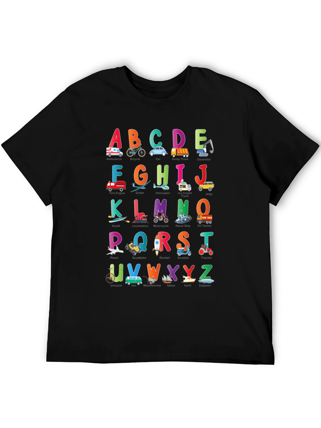 Kids Alphabet Vehicles Black T-Shirt
