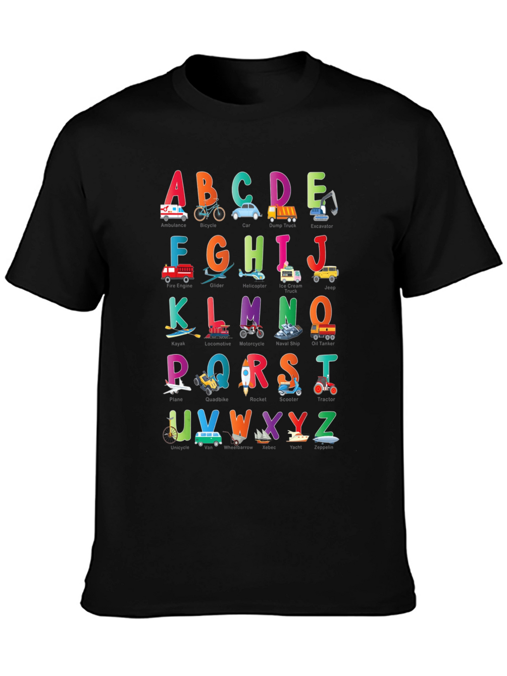 Kids Alphabet Vehicles Black T-Shirt