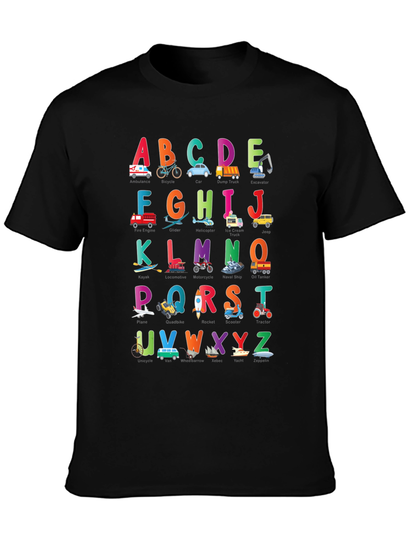 Kids Alphabet Vehicles Black T-Shirt