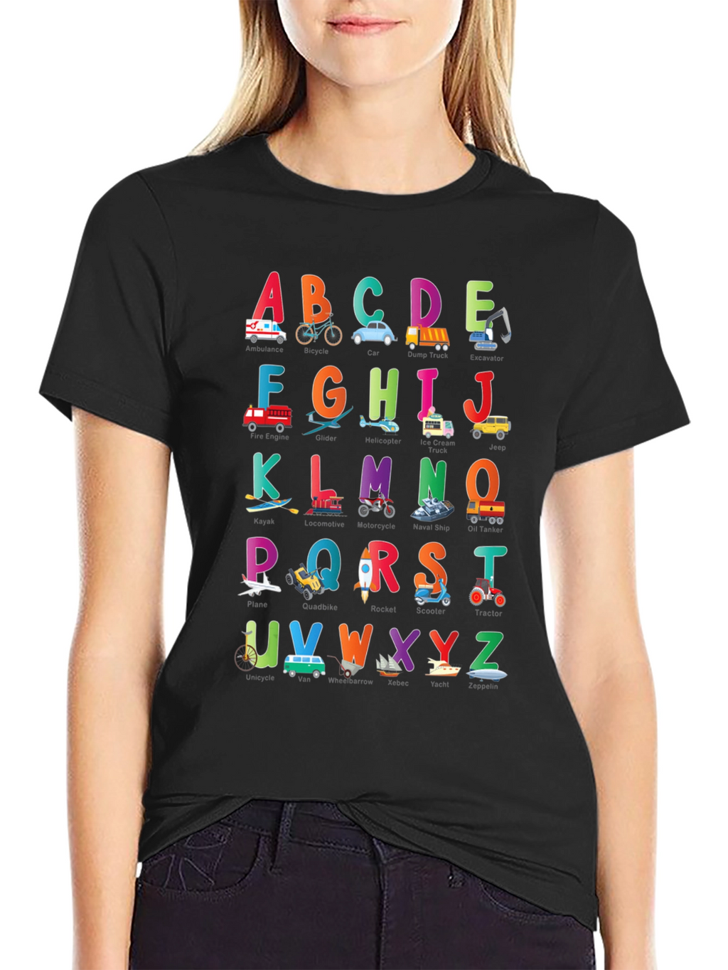 Kids Alphabet Vehicles Black T-Shirt