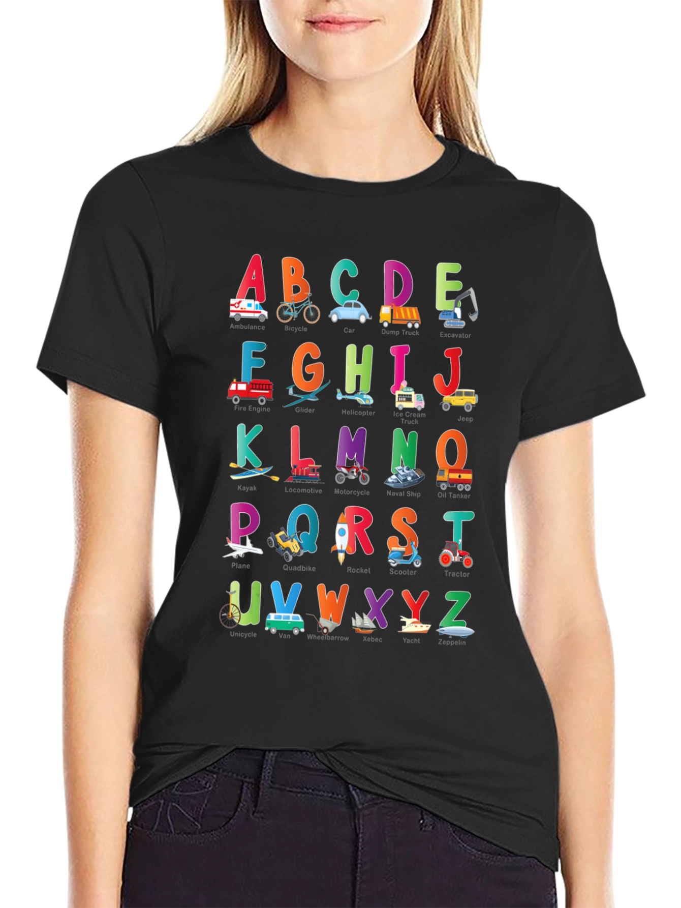 Kids Alphabet Vehicles Black T-Shirt