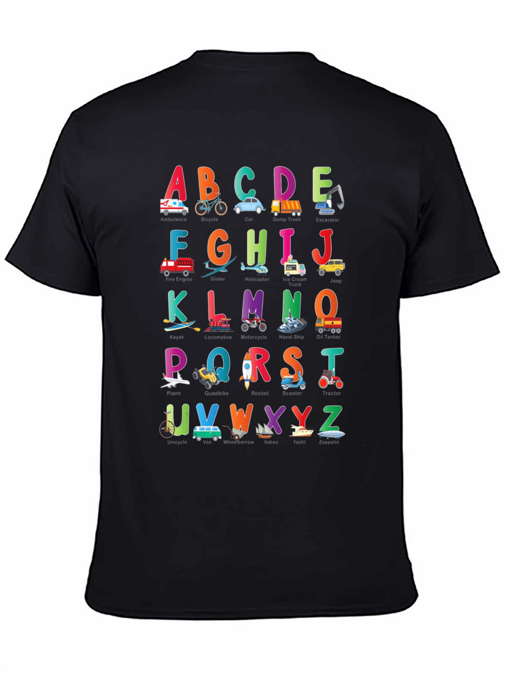 Kids Alphabet Vehicles Black T-Shirt