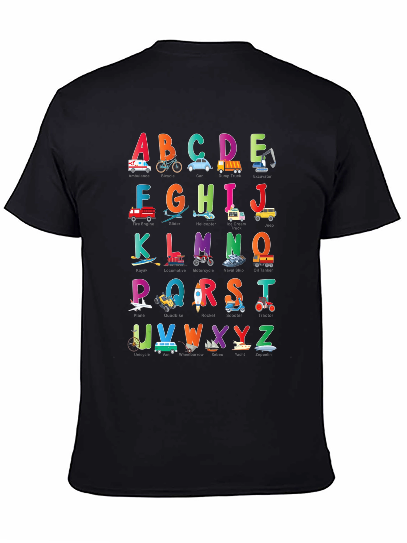 Kids Alphabet Vehicles Black T-Shirt