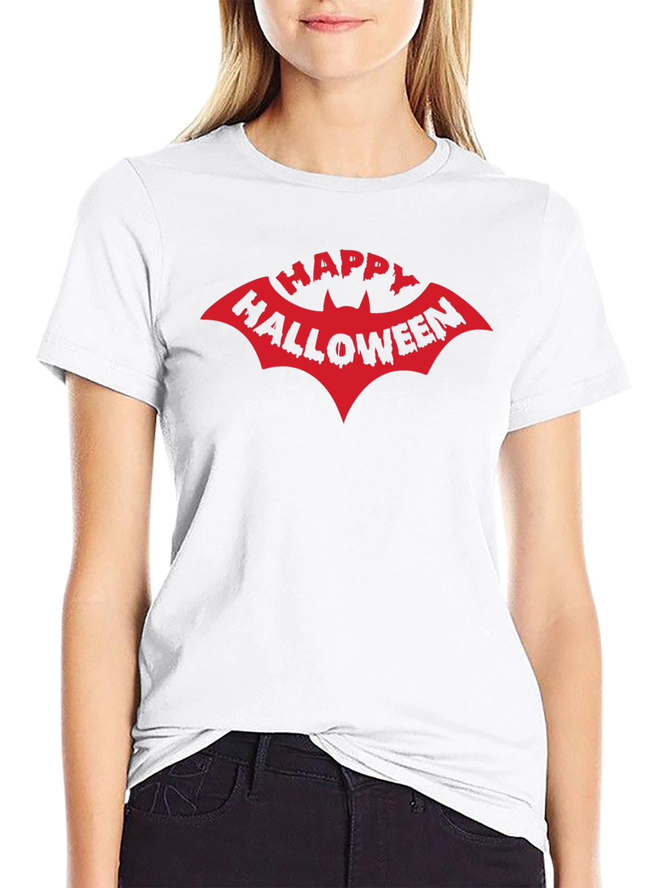 Happy Halloween Bat Graphic Tee - Black Cotton T-Shirt