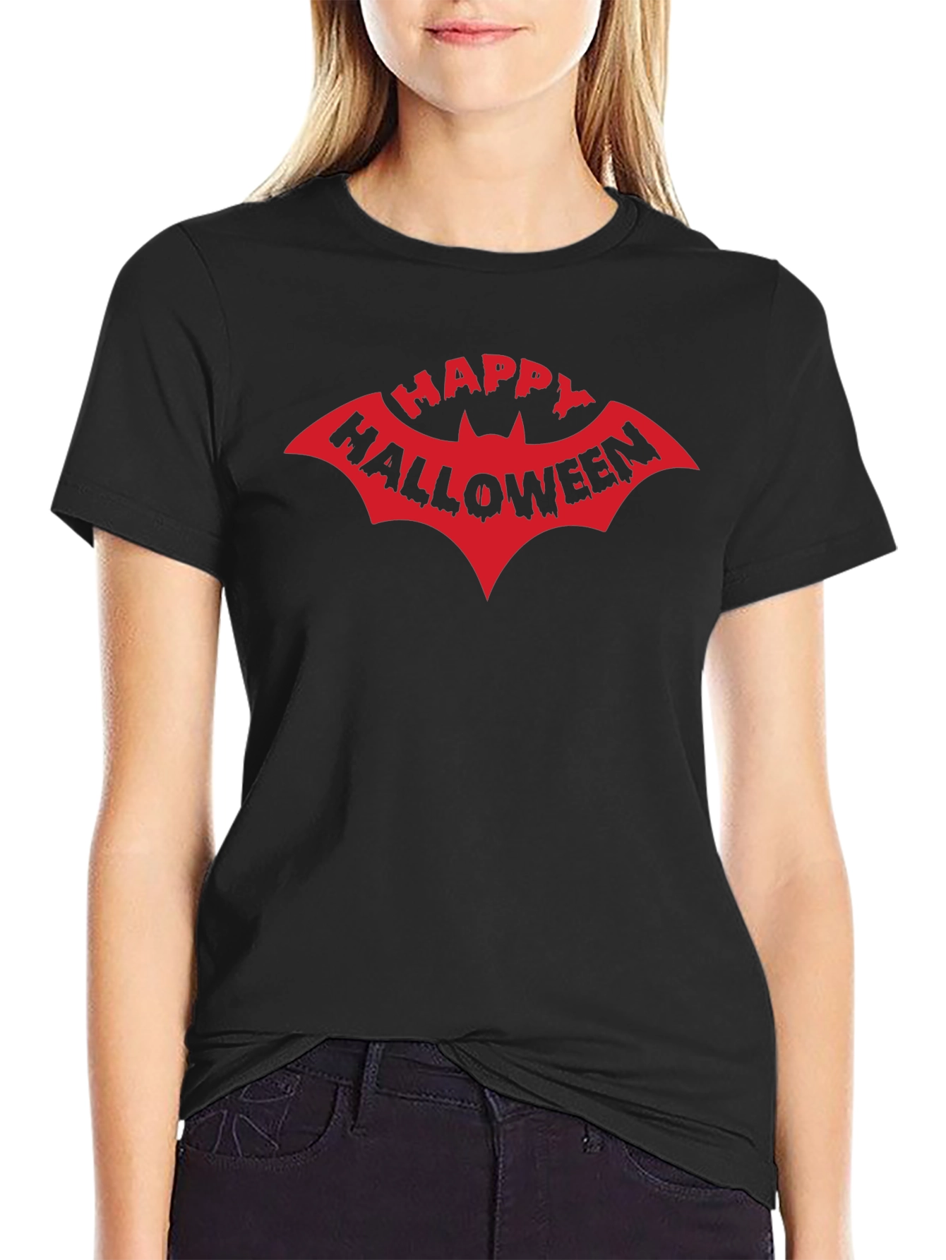 Happy Halloween Bat Graphic Tee - Black Cotton T-Shirt