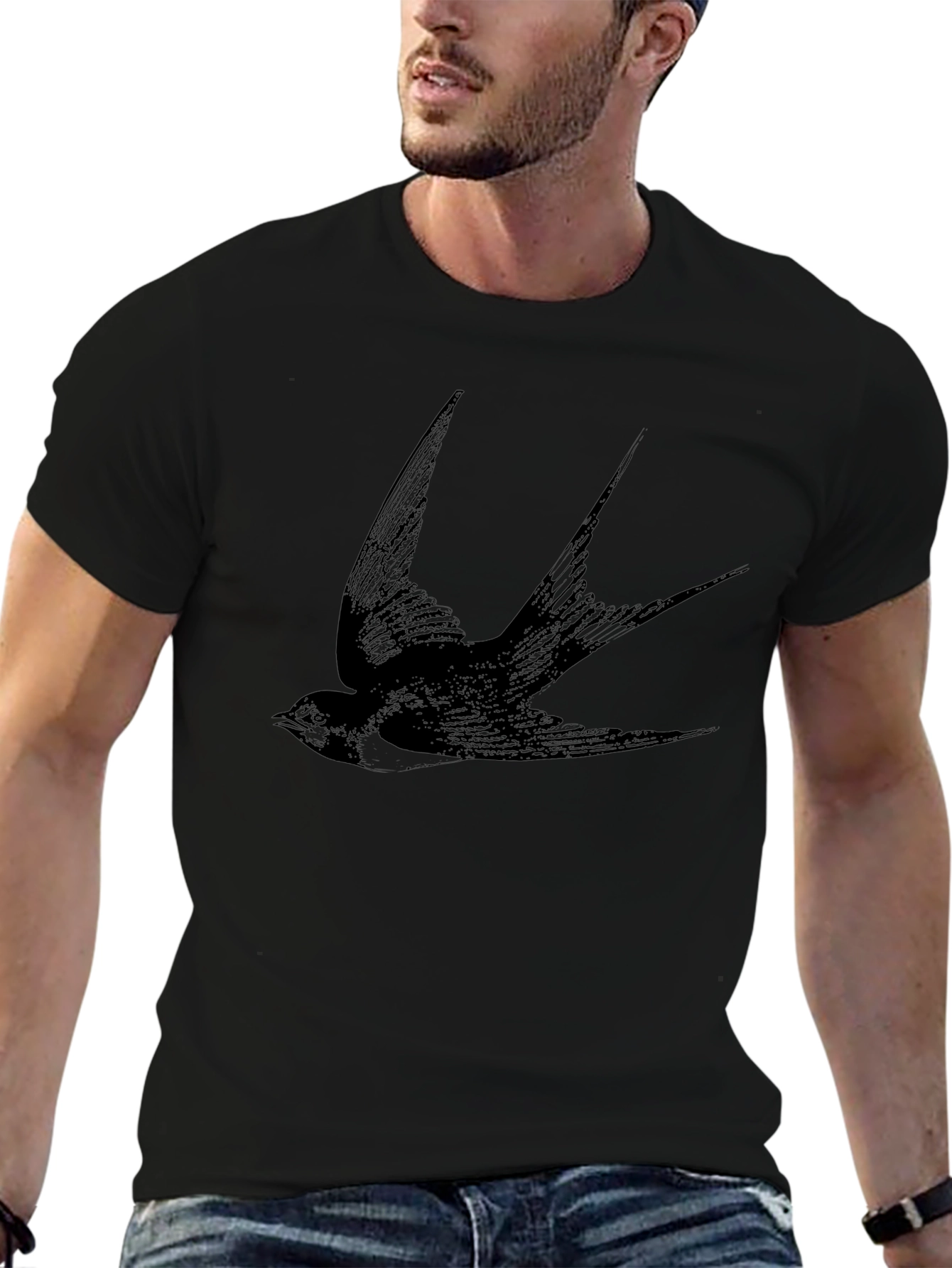 Black Swallow Print Mens T-Shirt