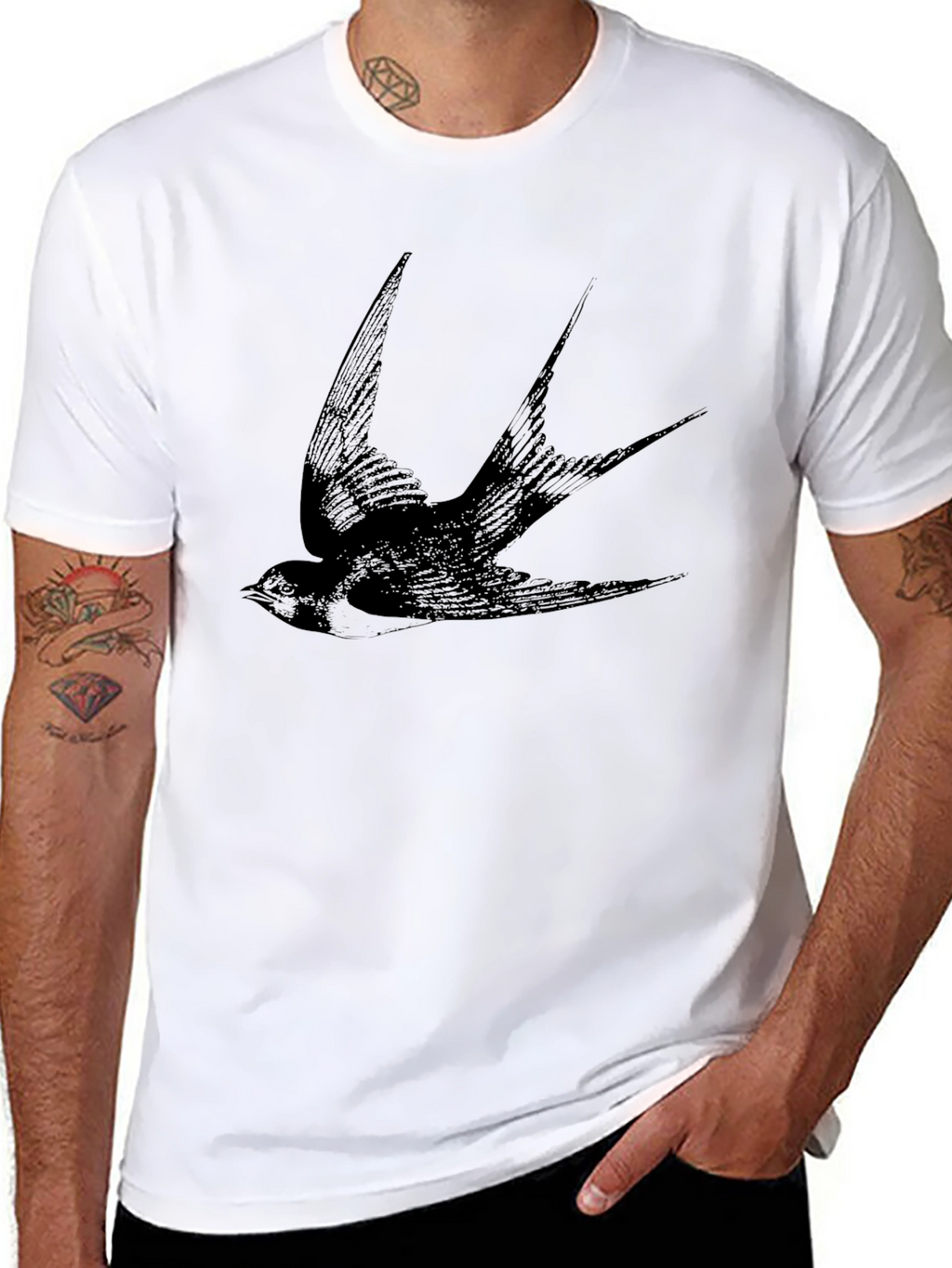 Black Swallow Print Mens T-Shirt
