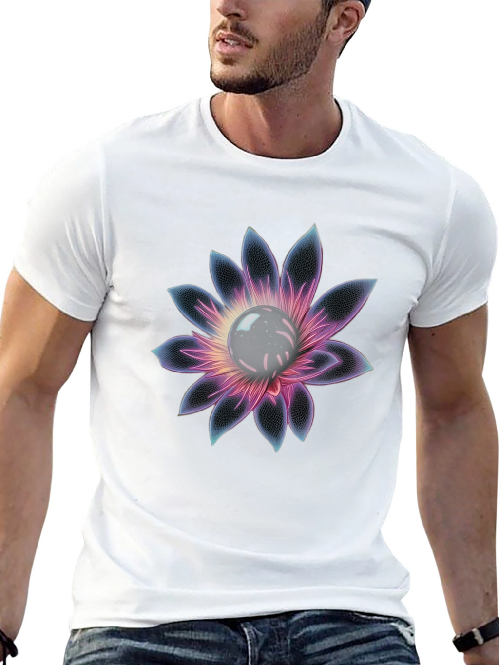 Black T-Shirt with Glowing Flower Design