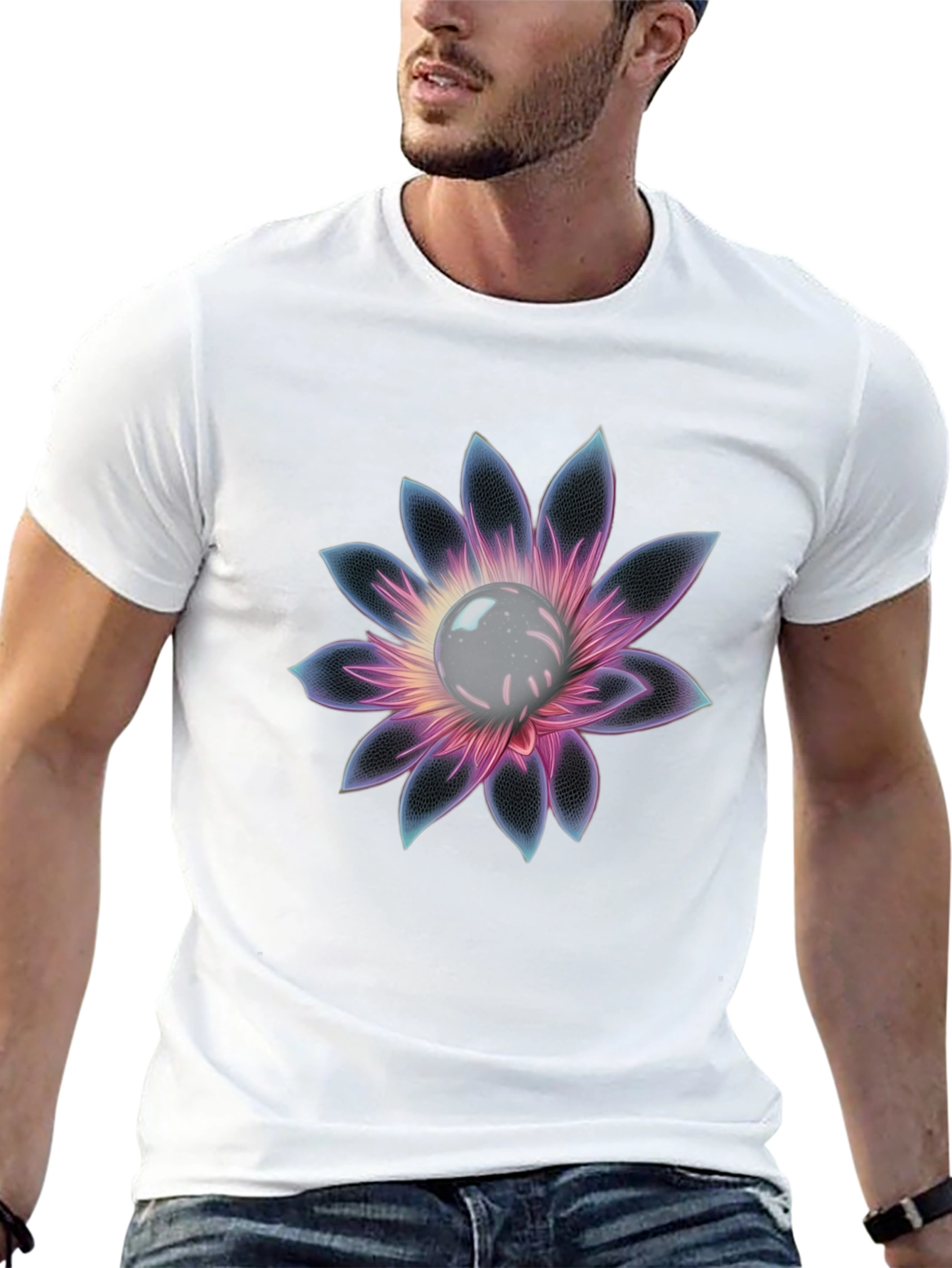 Black T-Shirt with Glowing Flower Design