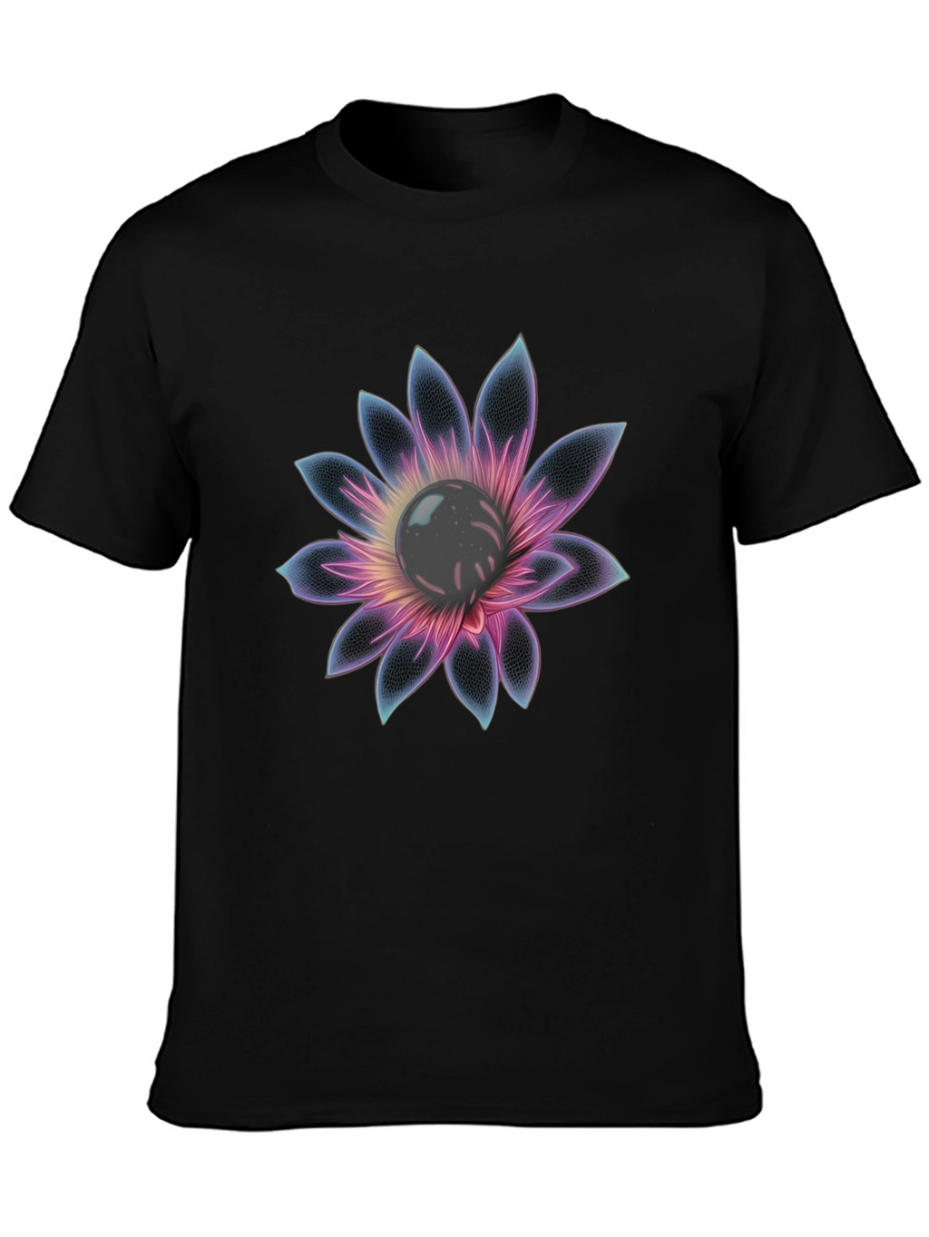Black T-Shirt with Glowing Flower Design