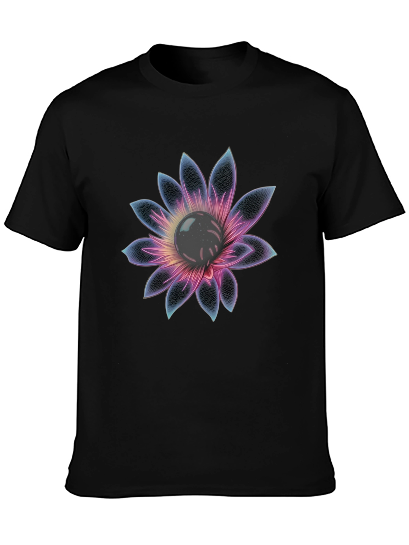 Black T-Shirt with Glowing Flower Design