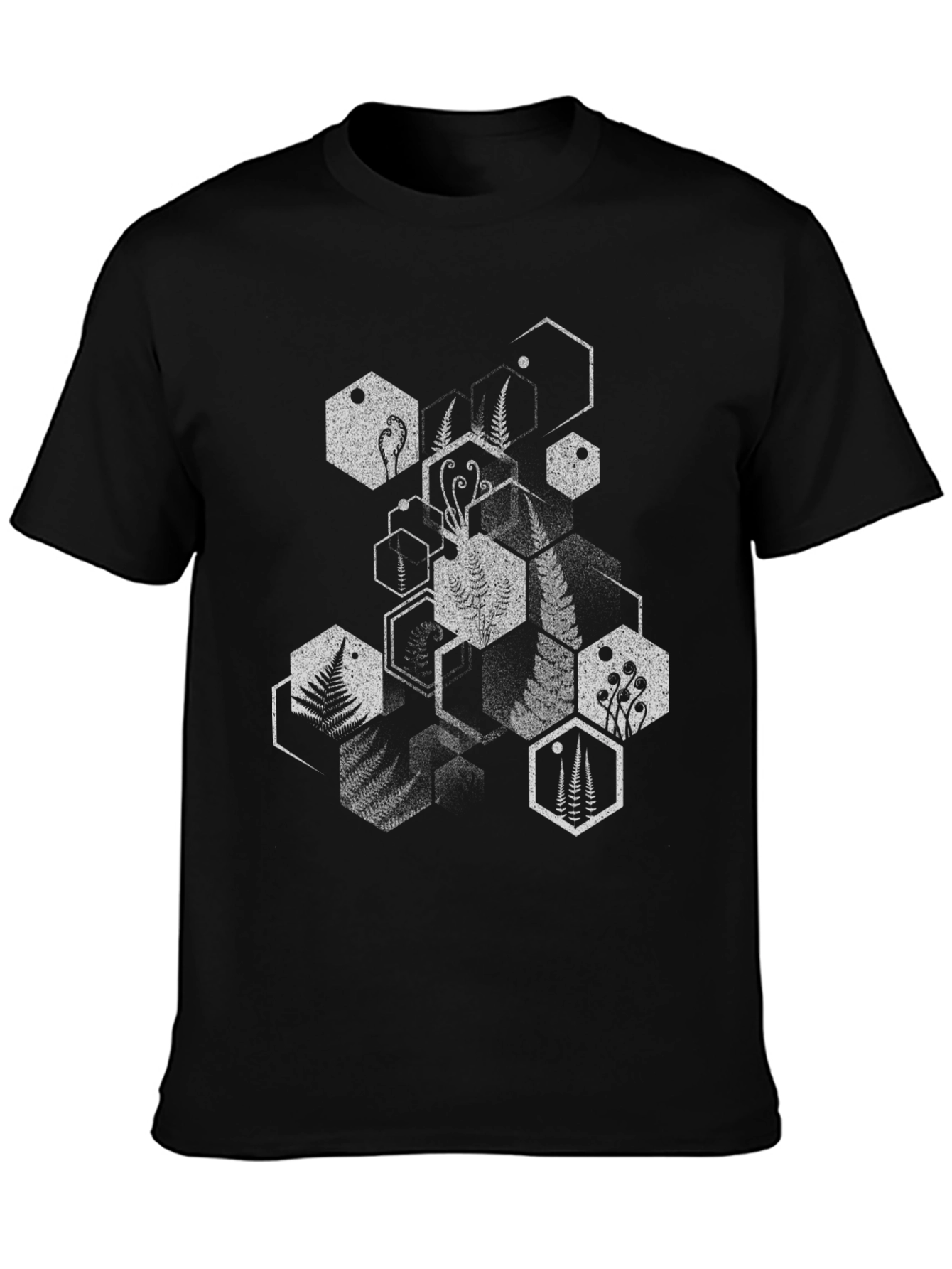 Geometric Fern Print Black T-Shirt