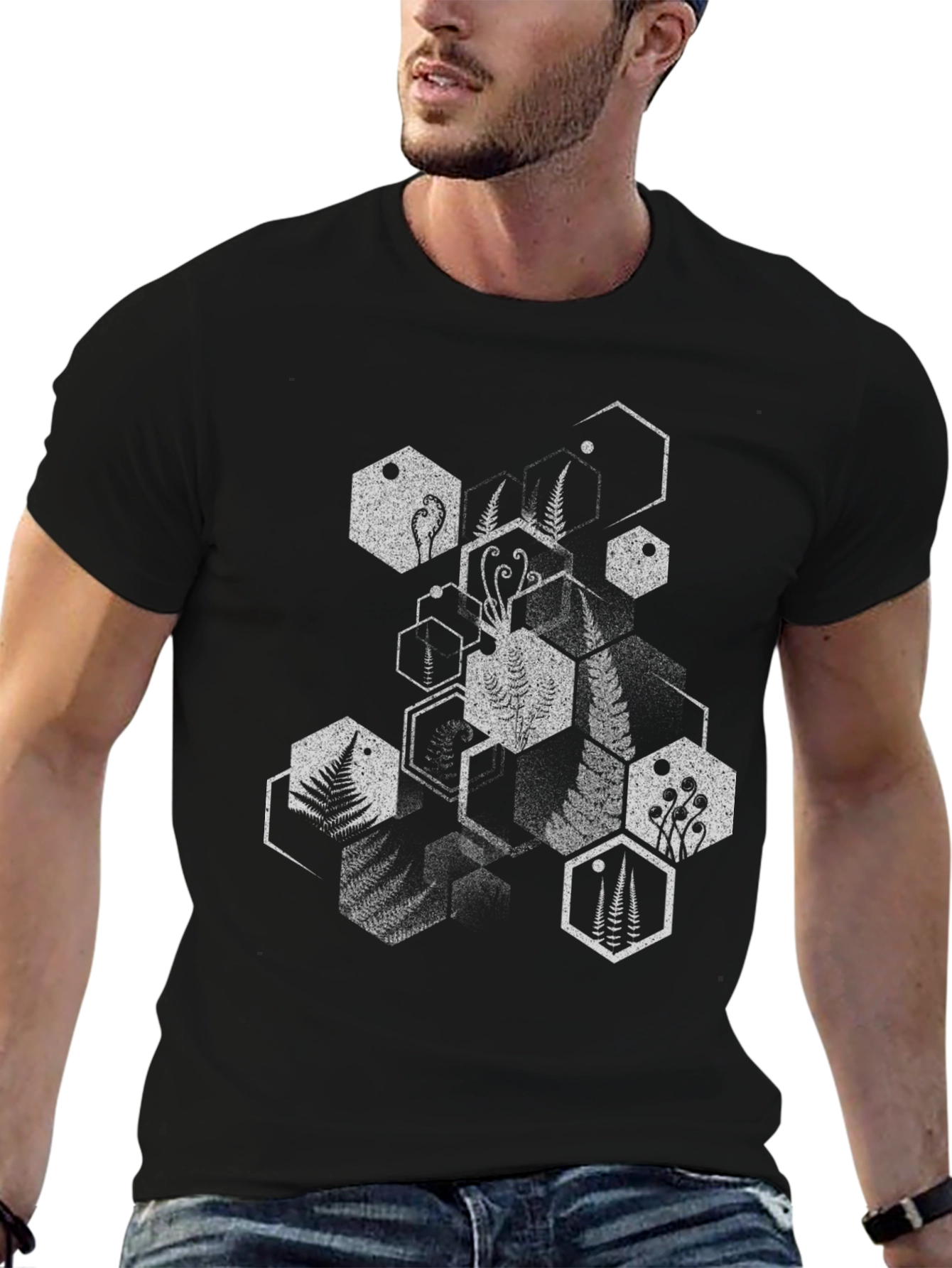 Geometric Fern Print Black T-Shirt