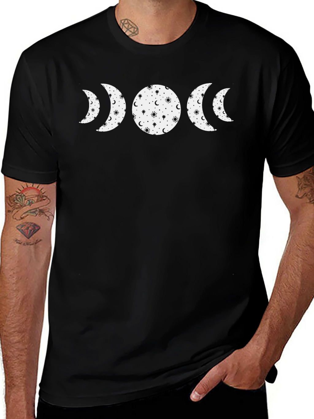 Celestial Moon Phase Graphic Tee - Black Cotton