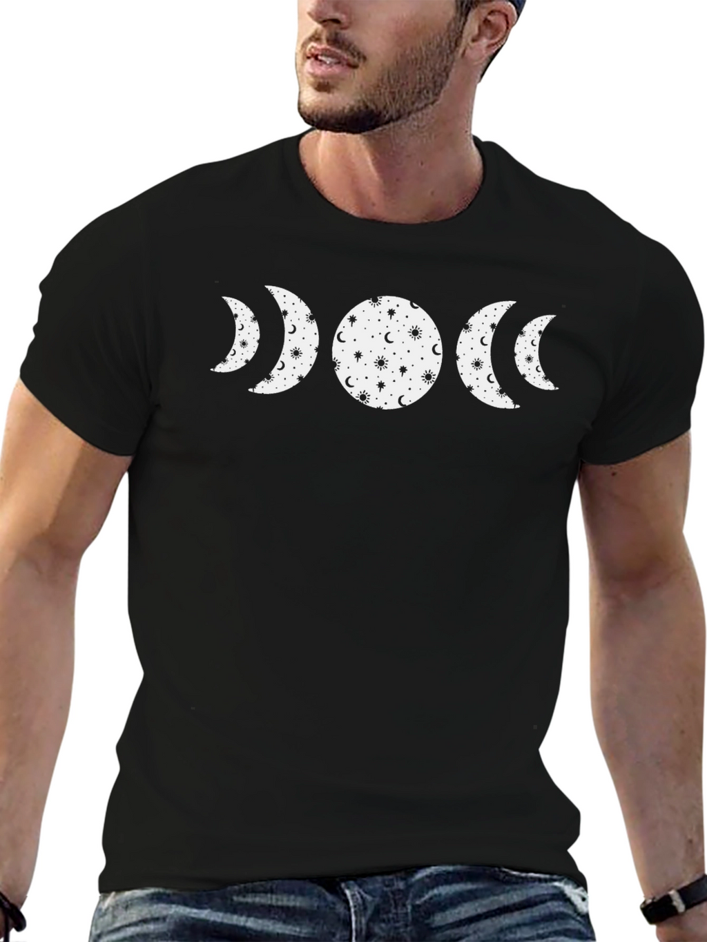 Celestial Moon Phase Graphic Tee - Black Cotton