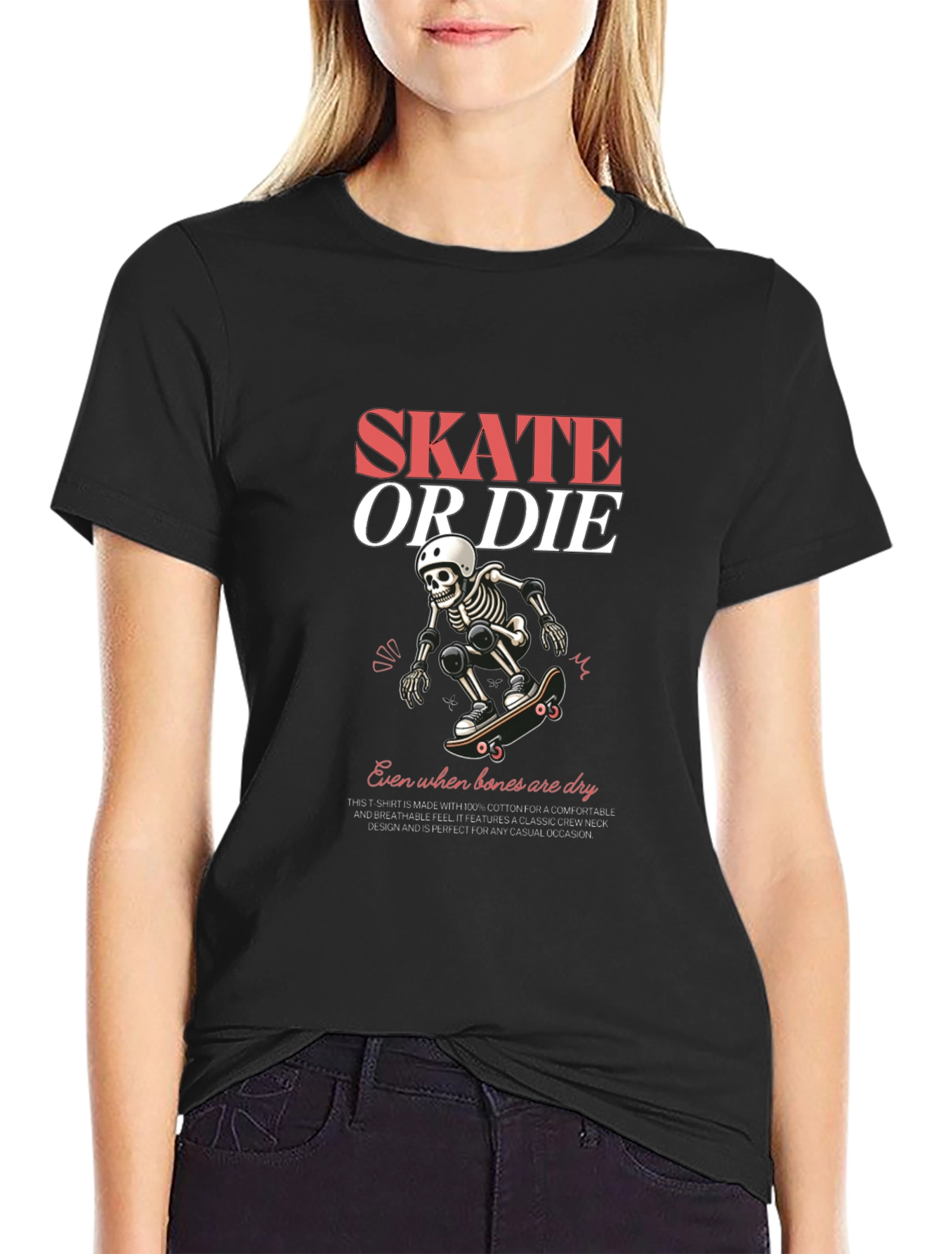 Skate or Die Skeleton Graphic Tee - Black Cotton T-Shirt