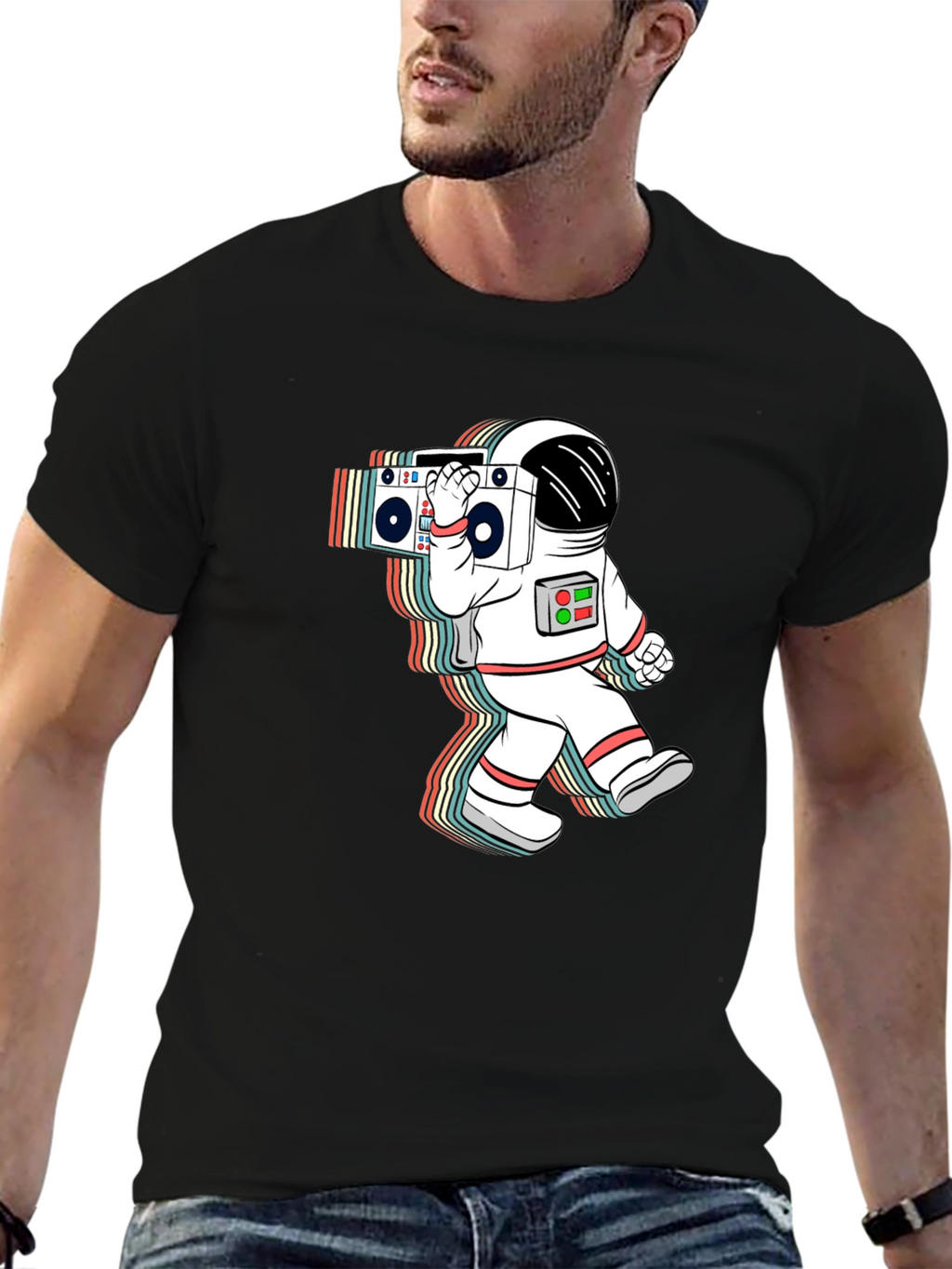 Retro Astronaut Boombox Black T-Shirt