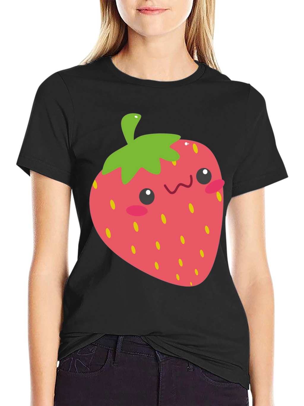 Cute Strawberry Graphic Tee - Black Cotton T-Shirt