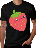 Cute Strawberry Graphic Tee - Black Cotton T-Shirt