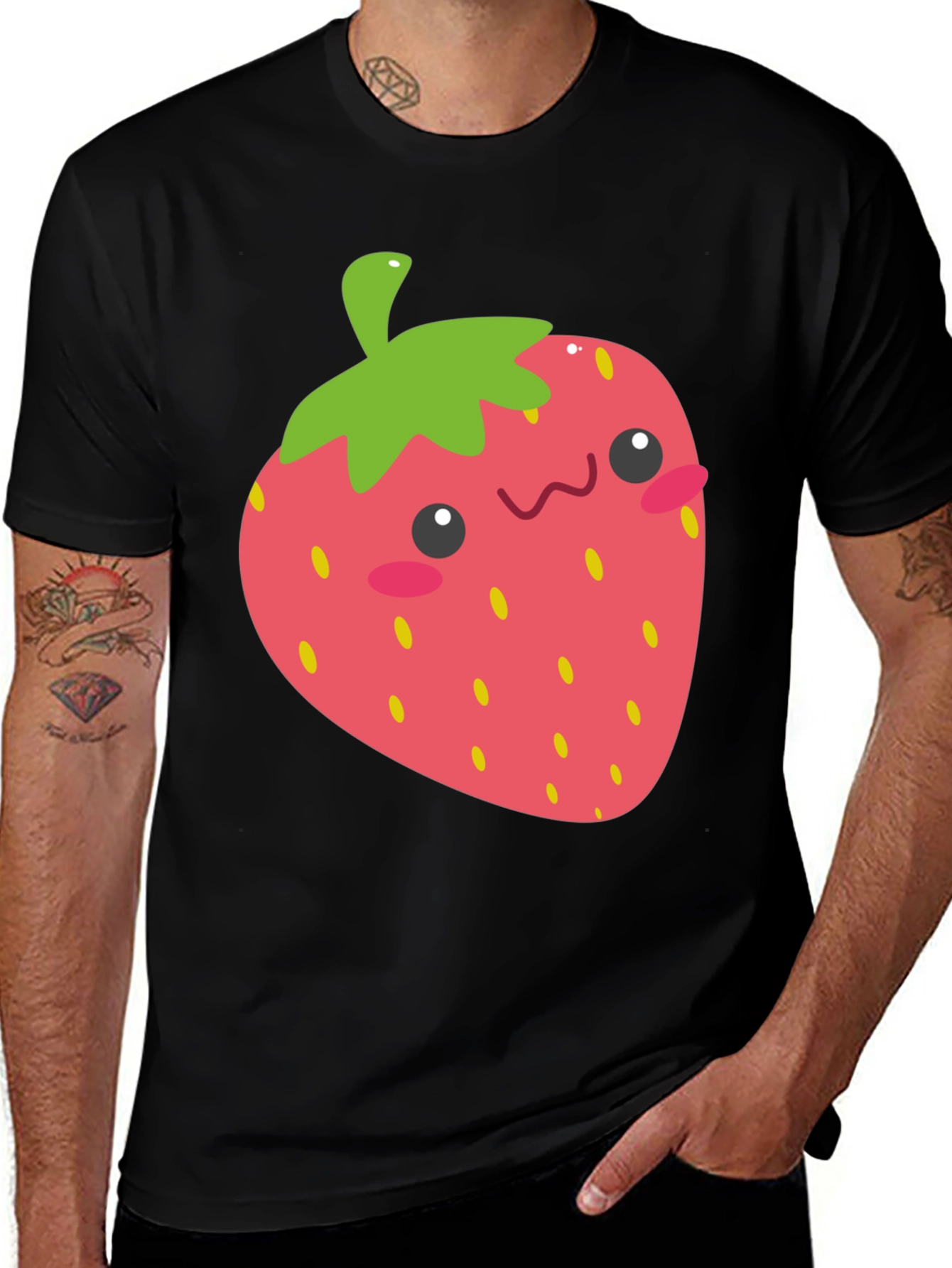 Cute Strawberry Graphic Tee - Black Cotton T-Shirt