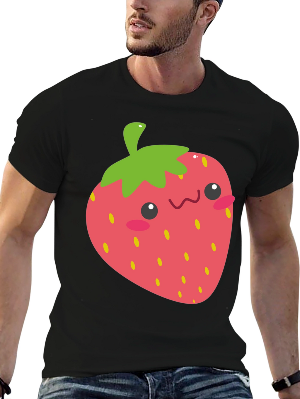 Cute Strawberry Graphic Tee - Black Cotton T-Shirt