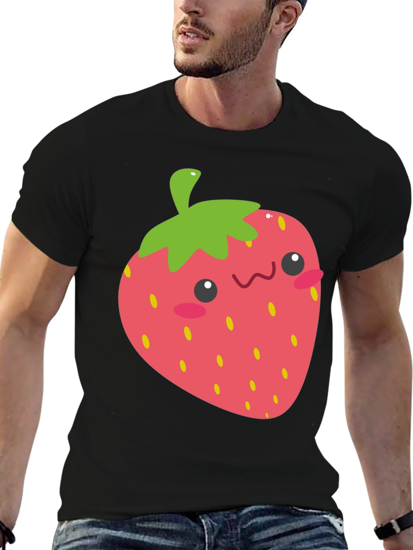 Cute Strawberry Graphic Tee - Black Cotton T-Shirt