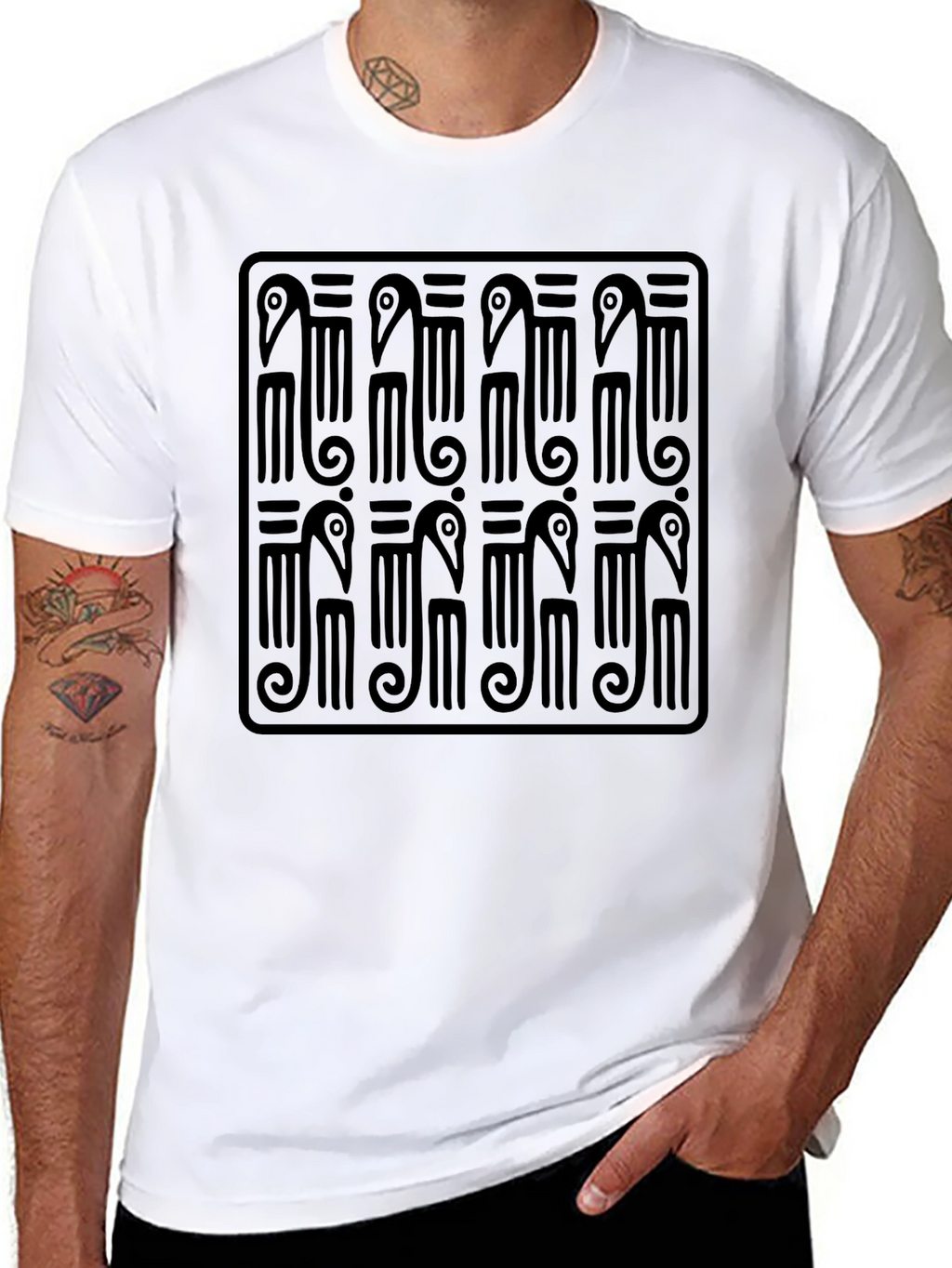 Black T-Shirt with Geometric Bird Design