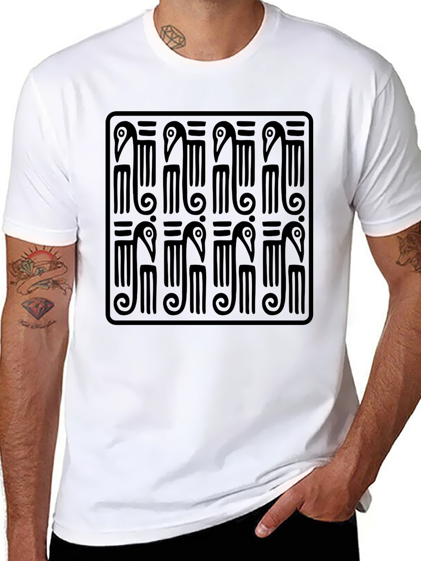 Black T-Shirt with Geometric Bird Design