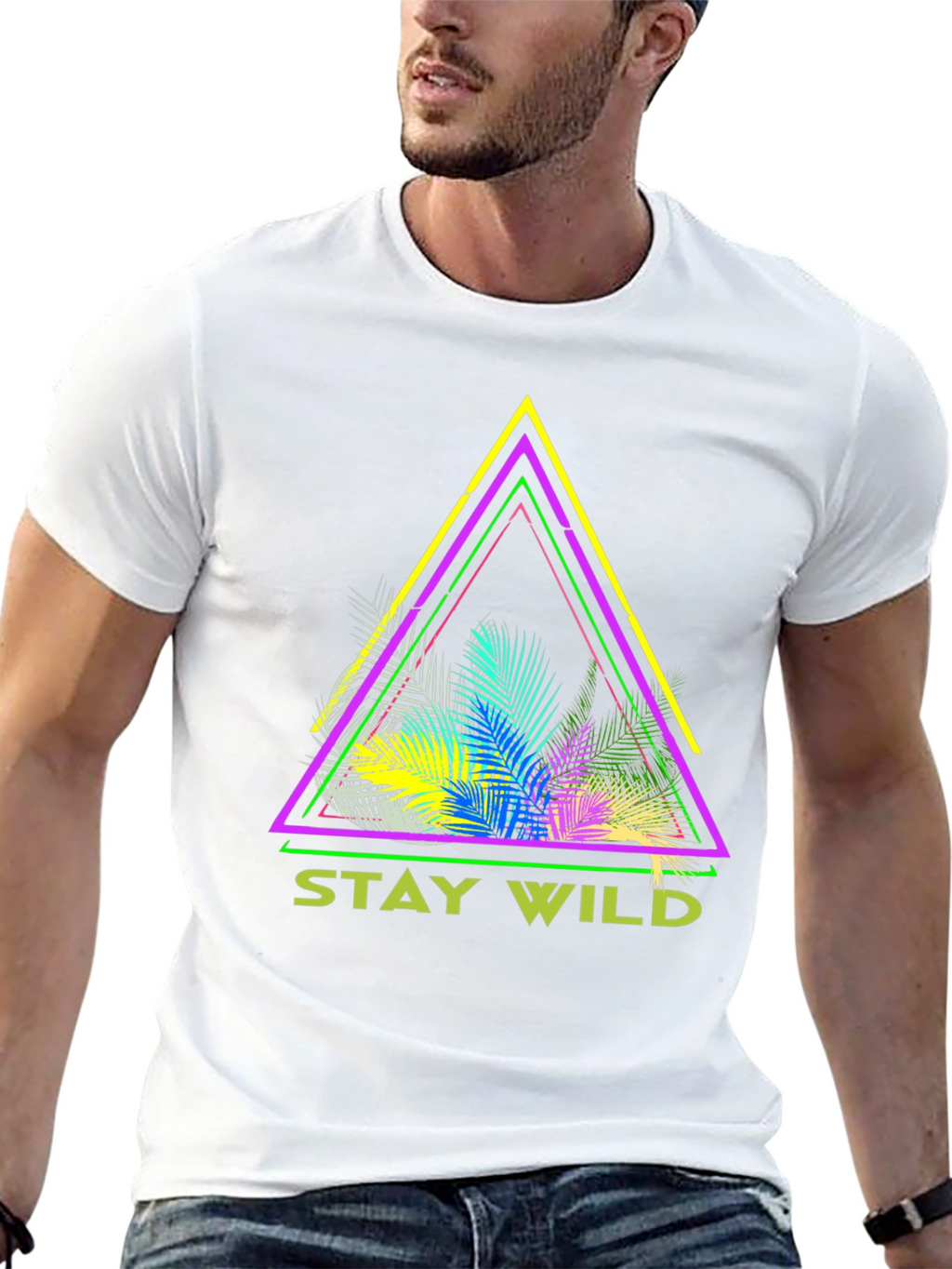 Stay Wild Graphic Tee - Neon Tropical Triangle Design