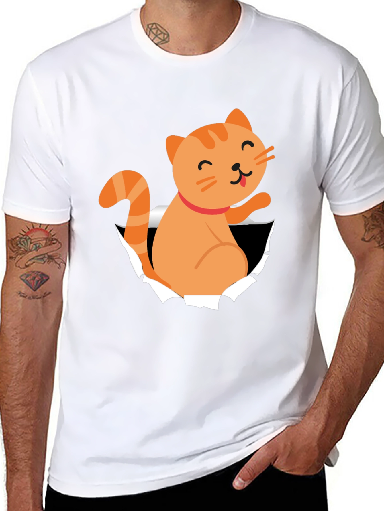 Cute Cat Peeking Through T-Shirt Fun Graphic Tee
