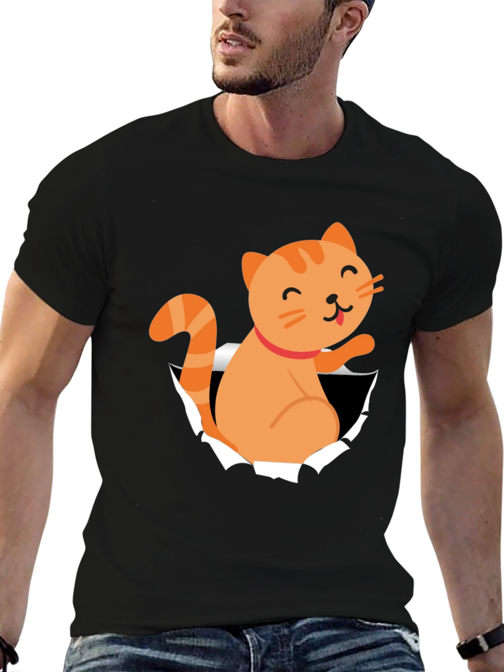 Cute Cat Peeking Through T-Shirt Fun Graphic Tee