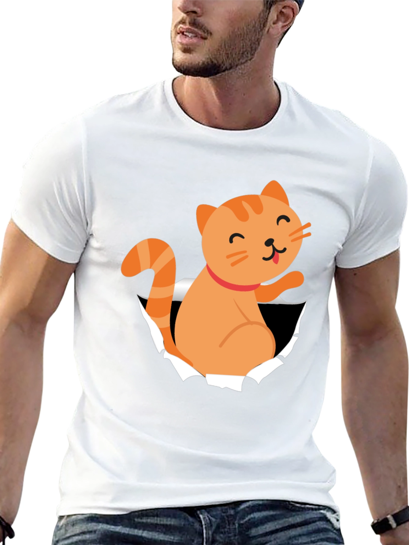 Cute Cat Peeking Through T-Shirt Fun Graphic Tee