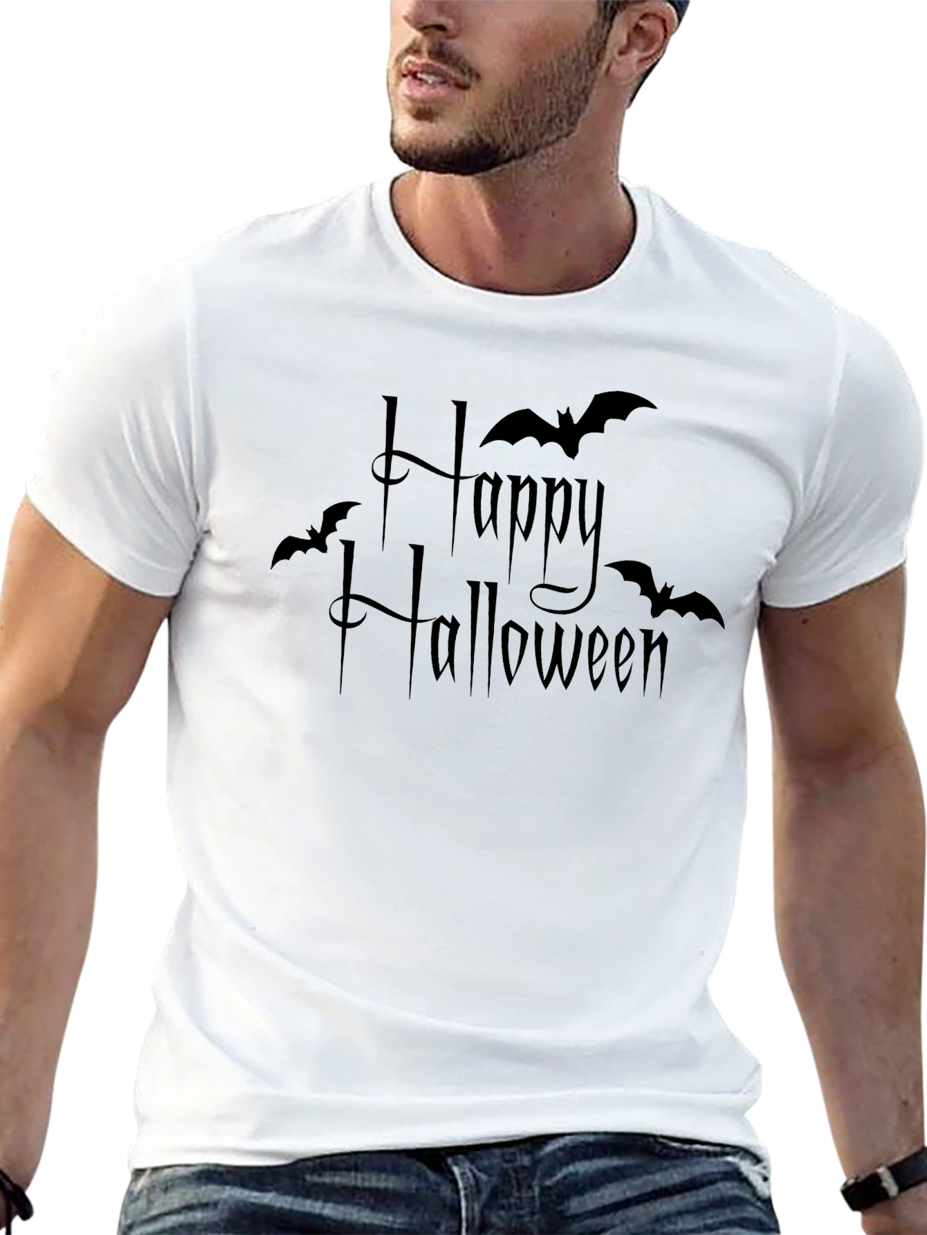 Happy Halloween Bat Graphic Tee - Black