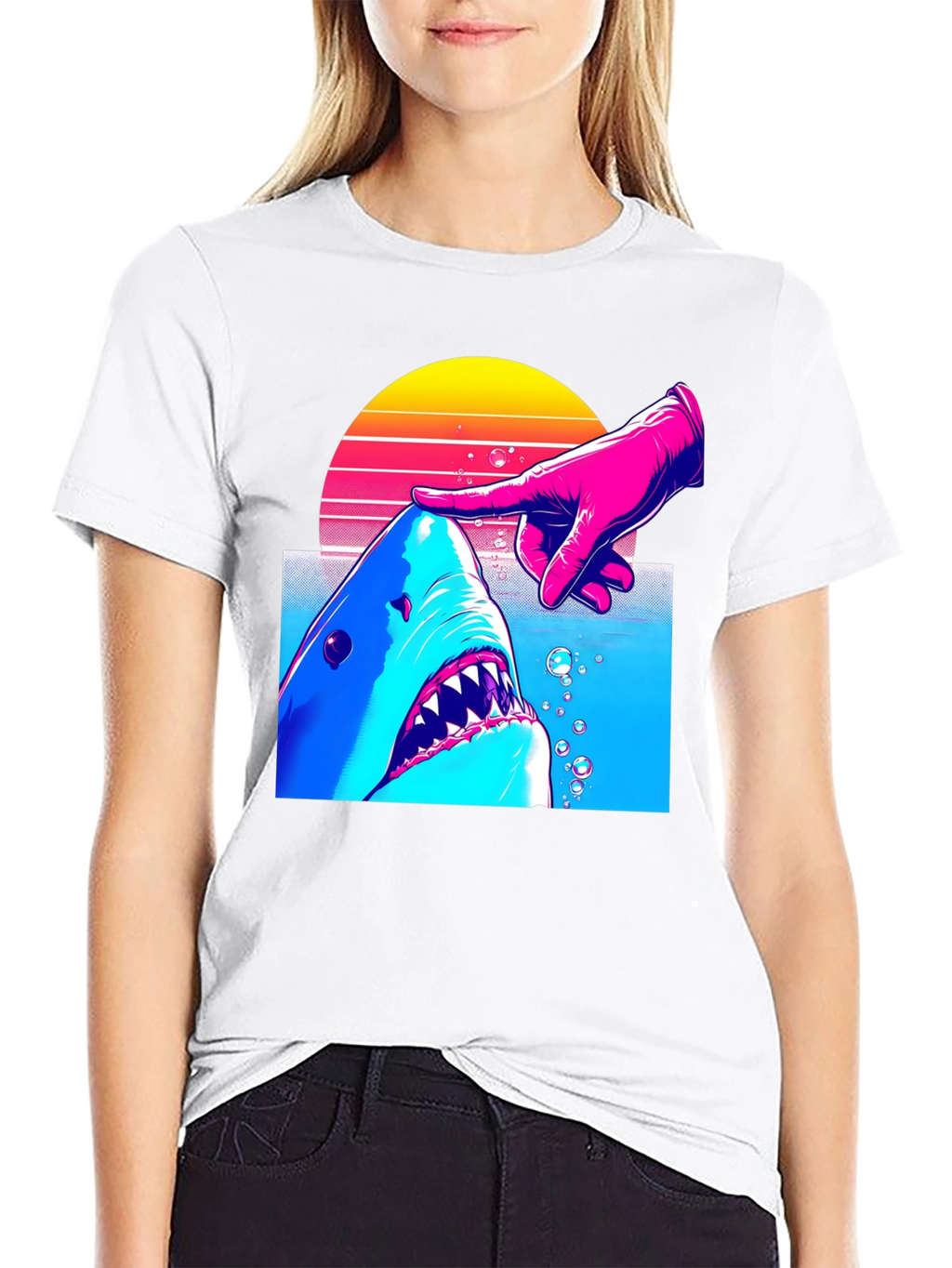Shark and Finger Graphic Tee - Retro Style