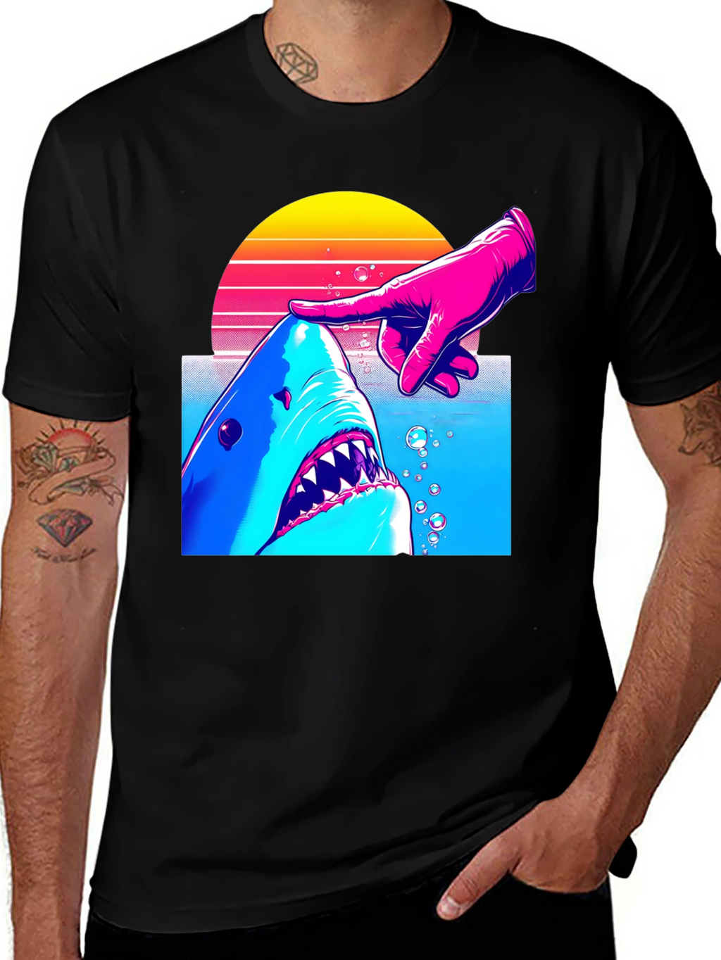 Shark and Finger Graphic Tee - Retro Style